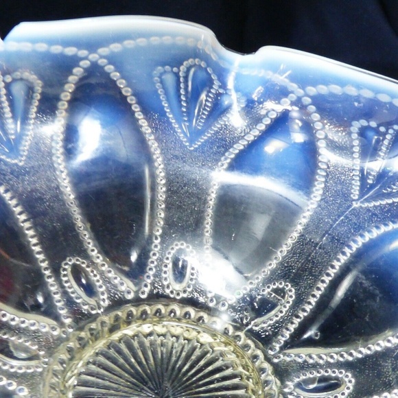 VTG White Opalescent Moonstone Glass Ruffled Rim footed Pedestal Candy Dish Bowl - Picture 5 of 8